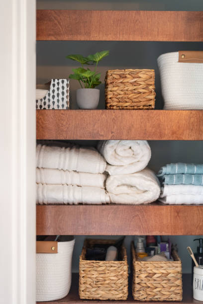 istock Neatly organized bathroom closet with floating shelves 2166941573