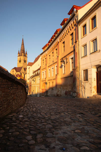 Cabblestone street in the city center of an Eastern European medium large city.