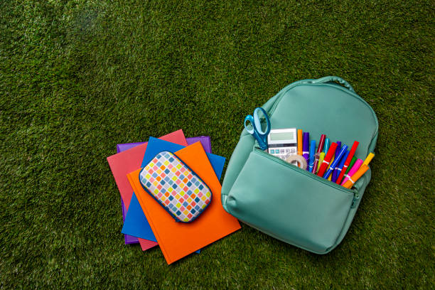 Back to School Backpack with Supplies on a Green Grass Background