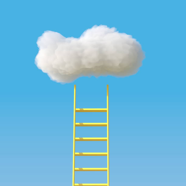 istock Yellow straight stair on cloud isolate on blue sky background. 3D Rendering. Minimal Creative idea concept. 2166943907
