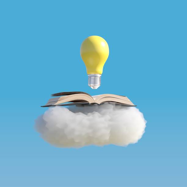 istock Opening Book put on cloud with Yellow light bulb floating  isolate on blue sky background. 3D Rendering. Minimal Creative Education idea concept. 2166943936