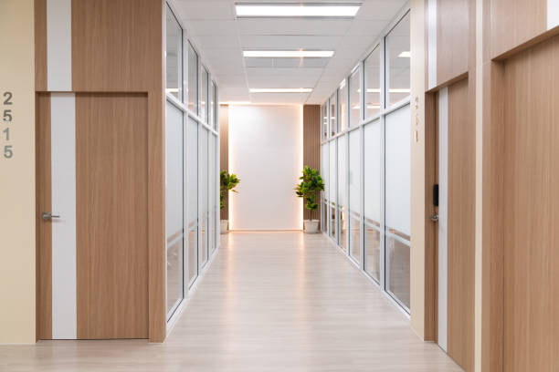 istock Empty modern office bright corridor with glass wall. Hall way. Ornamented. 2166943973