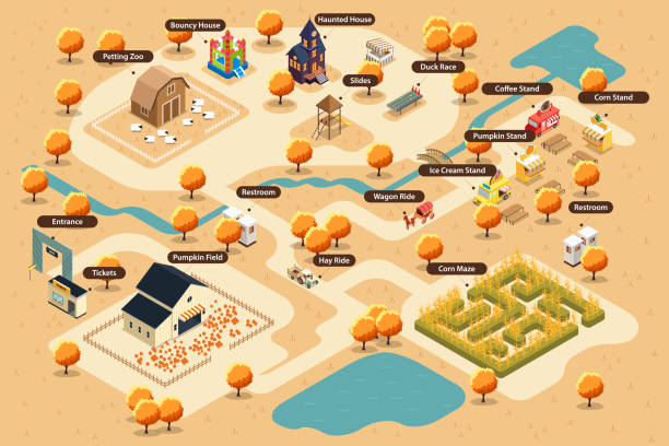 Isometric Map of a Pumpkin Farm for Pumpkin Patch Vector Illustration A vector illustration of Isometric Map of a Pumpkin Farm for Pumpkin Patch corn-maze stock illustrations