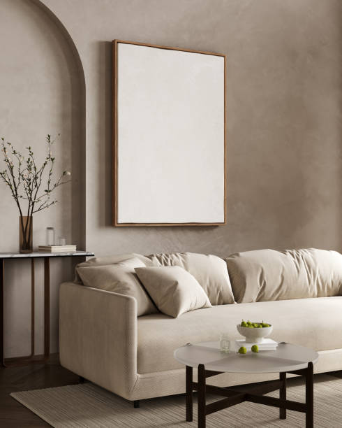 istock Mockup big poster frame in modern beige living room interior, 3d rendering 2166948422