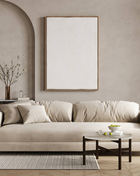 istock Big poster picture blank frame in modern home interior, beige tones, modern design sofa and furniture, 3d render 2166948423
