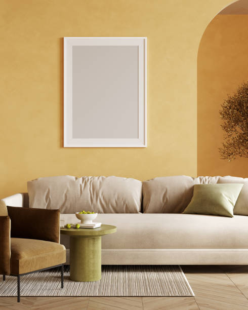 istock Mock up frame in bright yellow home interior background, bright room with minimal decor, 3d render 2166948425