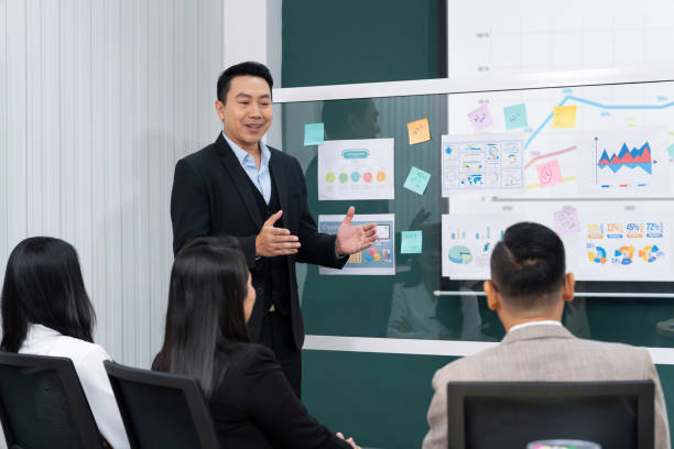 istock Confident manager presenting project in front of glass whiteboard. Intellectual. 2166949778