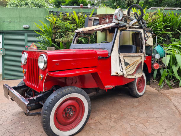 Colombia, Cali, July 24, 2024, red willys jeep with cargo of various objects