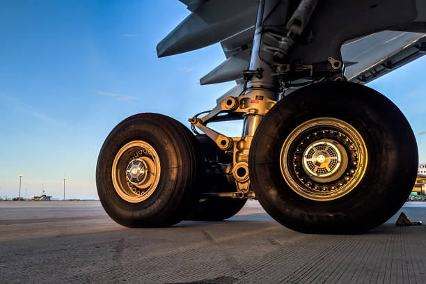 Aircraft left main landing gear of A330 with evening sky view