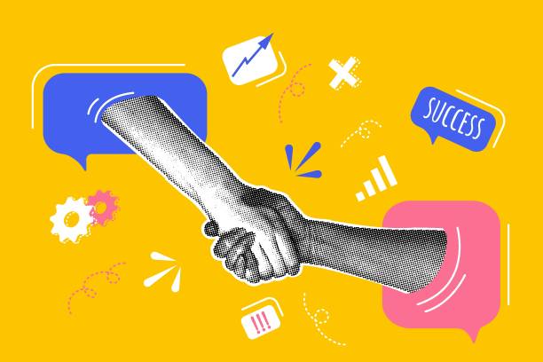 модный полутоновый коллаж. концепция заключения контрактов, ведение переговоров, заключение контрактов, выгодные условия. модная современ - согласие stock illustrations