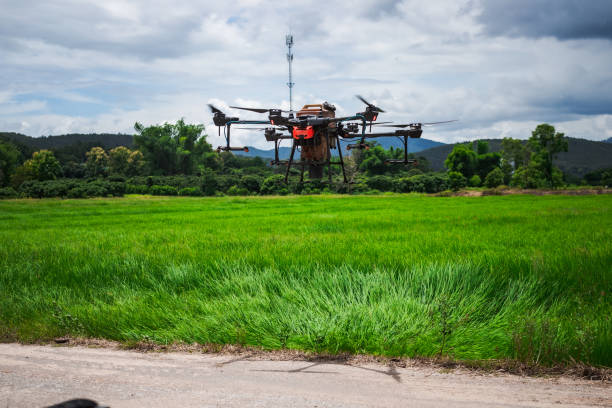 istock Drone flying over a green grass field with cloudy sky in the background 2166956906