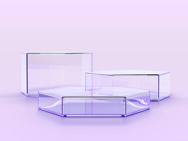 istock 3d glass transparent hexagon and rectangle box podium display on light pink background. Crystal purple clear holographic pedestal platform for cosmetic product. Empty ad stand mockup 2166966760
