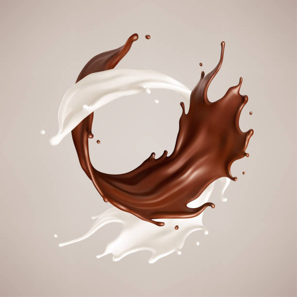 istock Milk and chocolate splash. Melted brown choco and milky waves with drops. Realistic vector illustration 2166969951