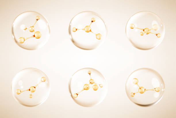 istock Molecules inside bubbles. Collagen serum bubble. Cosmetic essence drops. Concept skin care cosmetics solution. Vector 3d illustration 2166970138