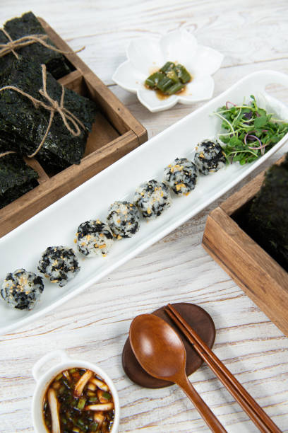 Seaweed and rice balls on the table