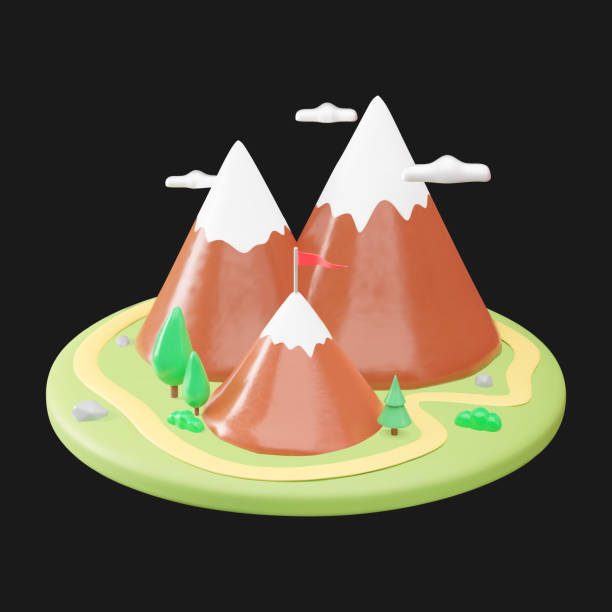 istock Colorful 3D vector illustration of a mountain with snow caps and trees with a winding path on a green round platform 2166972170