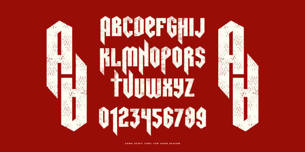 Decorative sans serif font in black letter style Decorative sans serif font in black letter style. Letters and numbers with rough texture for label and emblem design. White print on red background sans font stock illustrations