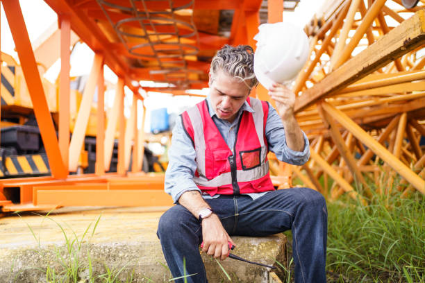 istock Thirsty and tired worker setting on the floor. 2166989409