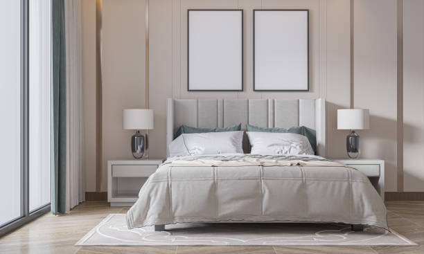 istock mock up poster frame in interior background, bed room. 3D render, 3D illustration 2166994395