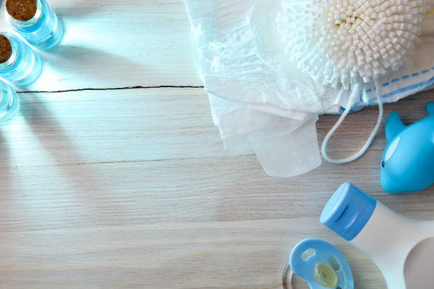 istock Bath products for children on wooden table top view 2166995841