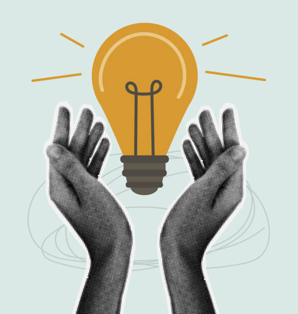 istock Halftone hand holds light bulb in trendy vintage style. Ideas and solutions concept. Design element. Pop art retro style illustration 2166997284