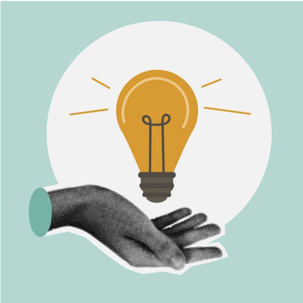 istock Halftone hand holds light bulb in trendy vintage style. Creative idea generation or brainstorm concept. Design element. Pop art 2166997292