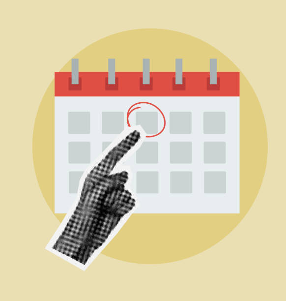 istock Halftone hand shows important day on calendar. Time management concept. Desktop calendar with a marked date. 2166997297