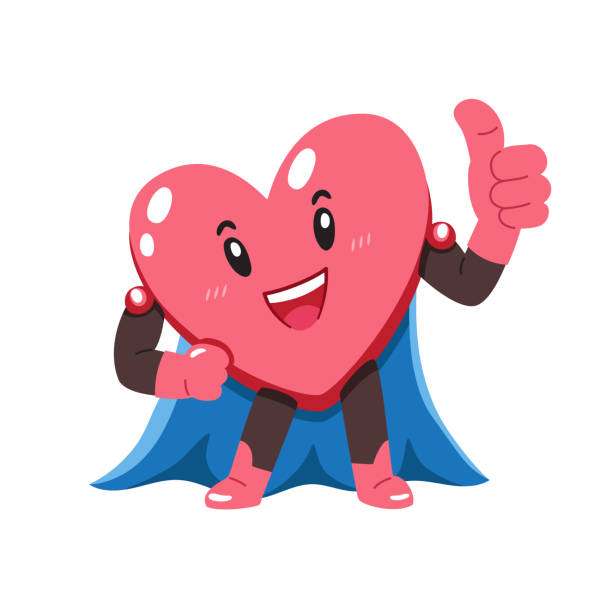 Cartoon healthy heart character with superhero cape giving thumbs up vector art illustration