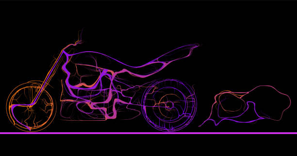 istock Composition of a motorcycle standing sideways from wavy lines along the contour of neon color on a black background. Vector illustration. 2167008493