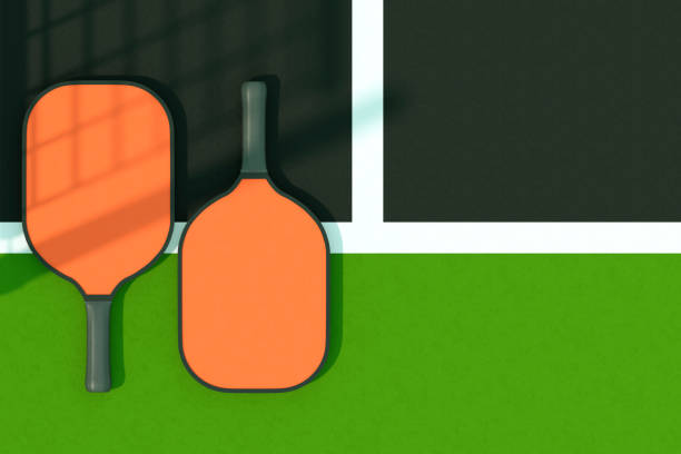 Pickleball rackets on court with net shadow. Digitally generated image. 3d render.