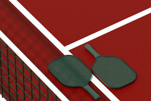 Pickleball rackets on court with net shadow. Digitally generated image. 3d render.