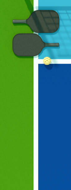 Pickleball racket and ball on court with net shadow. Digitally generated image. 3d render. Vertical composition.