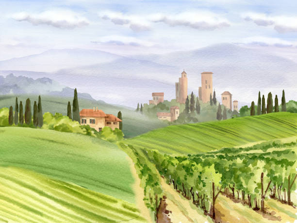 istock Watercolor Italy landscape with blue mountains, fields, vineyards, cypress trees, ancient towers, tiled roofs, rural houses, seamless border with Tuscany panorama, European view, for tourists card 2167014139