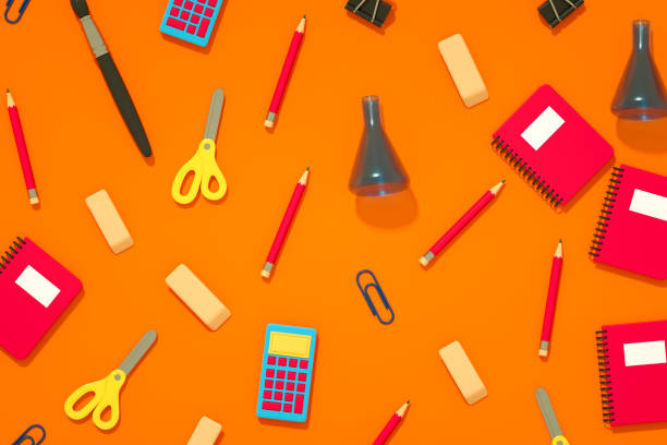 School Supplies on Orange Background, Back to School Concept. Digitally generated image. 3d render.