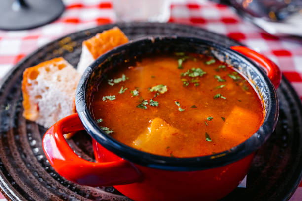 Stew being cooked in a cast iron casserole