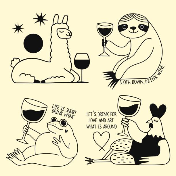 Vector illustration with llama, sloth, frog and chicken with wine and funny phrases. Humor animal print designs, greeting card set, tattoo templates cartoon of a frog black and white stock illustrations