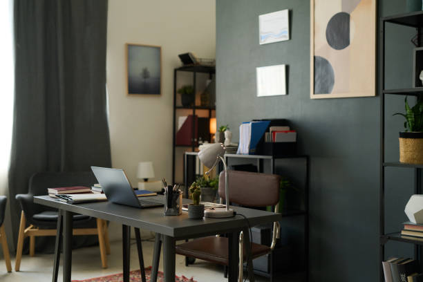 istock Modern Home Office with Minimalist Wall Decor and Bookshelves 2167024494