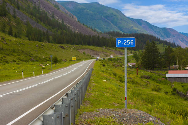Summer landscape with road sign R256 highway at Altai Republic, Russia. Russian route R256 at Altai. The Chuya Highway or Chuysky Trakt is the old name of the road connecting Russia and Mongolia.