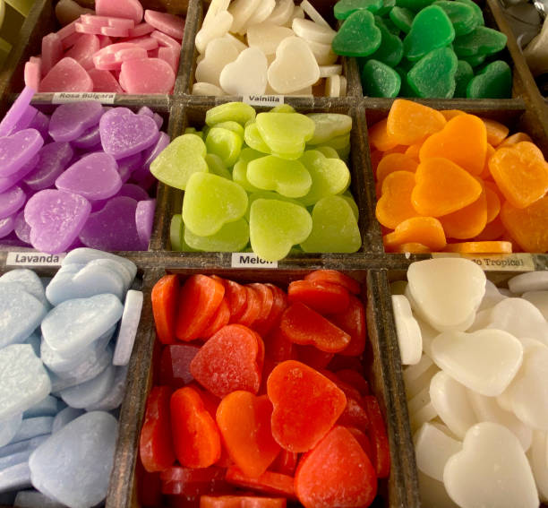 istock Handmade natural multicolored soaps body care wellness shaped as hearts. 2167032145