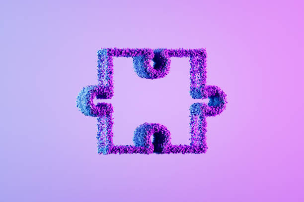 istock Jigsaw puzzle pieces with cube shaped particles on neon lighting purple background, business concept, problem solving 2167032663
