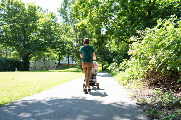 Rear view of a mother with a stroller