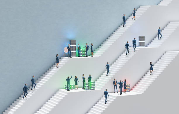 istock Servers and  IT specialists in an Abstract environment with white stairs representing career, business, start up, professional perspectives. 3D rendering illustration 2167053403