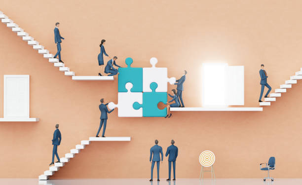 istock Business people work together with puzzles. 3D rendering illustration Abstract business environment with stairs and opened door, 3D rendering 2167053426