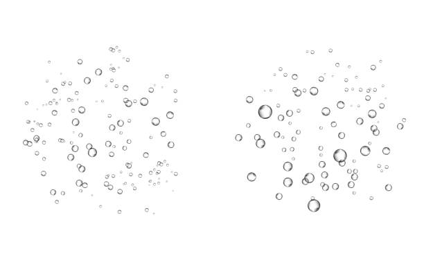Oxygen air bubbles flow in water on white background. Oxygen air bubbles flow in water on white background. Fizzy sparkles in sea, aquarium. Soda pop. Champagne. Effervescent tablet. Undersea vector texture. rain drop stock illustrations