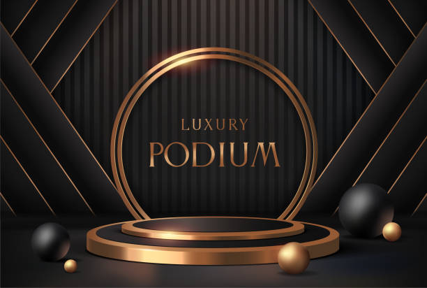 istock Luxury background with golden podium. Banner with empty stage illuminated with light for advertising, presentation and product promotion. Realistic 3D vector illustration 2167054744