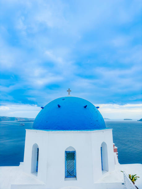 Views of the blue church in Santorini