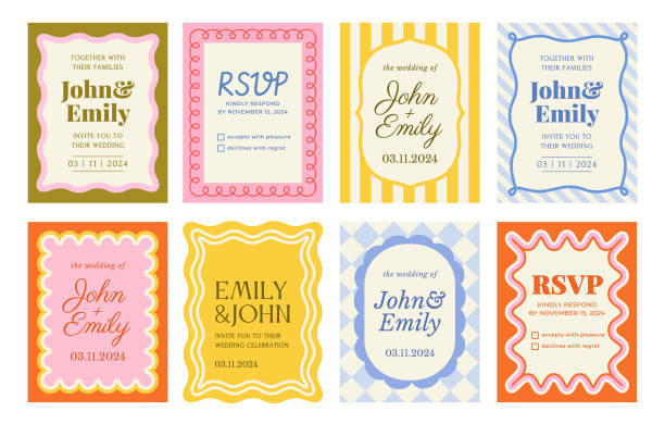 Set of wavy invitation frames. Abstract geometric borders with curved shapes and text templates. Invitations to event or wedding. Flat vector illustration collection Set of wavy invitation frames. Abstract geometric borders with curved shapes and text templates. Invitations to event or wedding. Flat vector illustration collection isolated on white background invitation stock illustrations