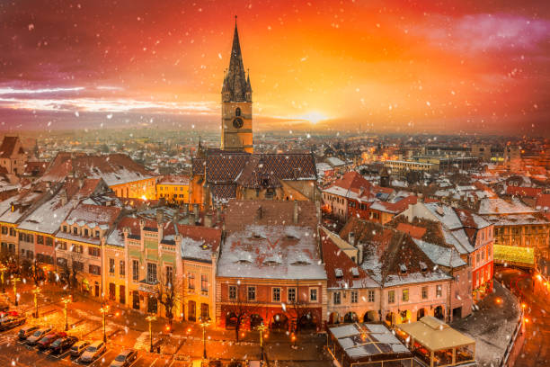 Winter atmosphere in Sibiu, Romania.