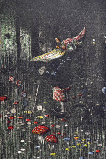 Fantasy, Mythology,  Happy gnome surrounded by mushrooms, Vintage illustration, Art Nouveau, Jugendstil , German, 1890s 19th Century