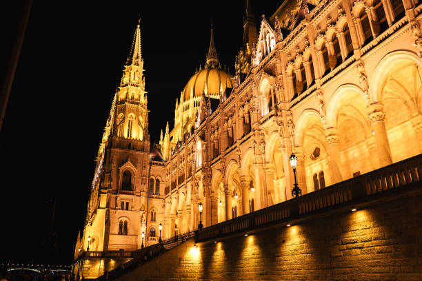 Illuminated Hungarian Parliament Building by night in Budapest